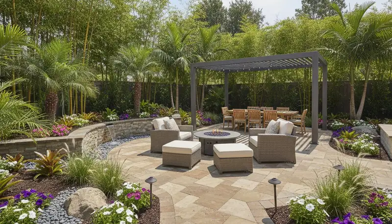 Backyard patio landscaping with lighting and tropical plants in Boca Raton, FL by Chop Chop Landscaping