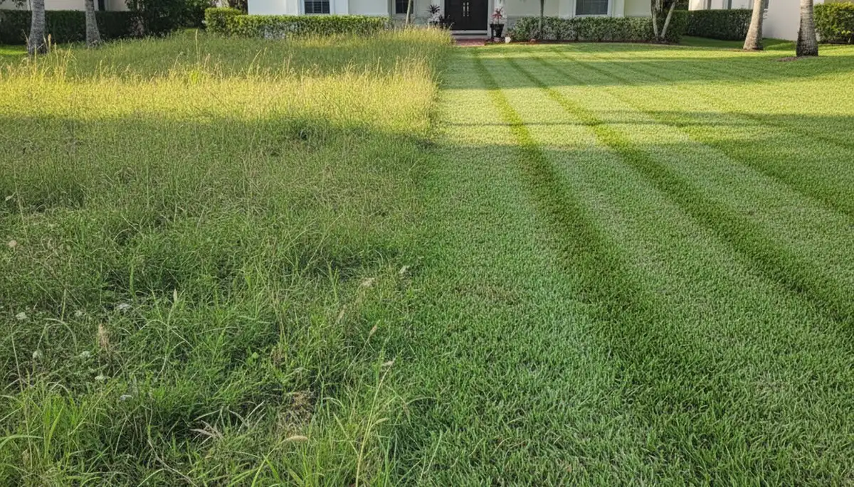 Before and after lawn mowing showing trimmed green grass by Chop Chop Landscaping in Boca Raton, FL