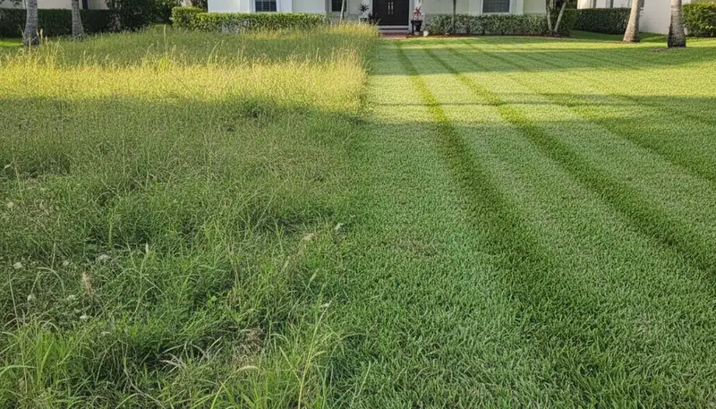 Before and after lawn mowing showing trimmed green grass by Chop Chop Landscaping in Boca Raton, FL