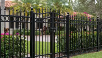 Black ornamental metal fence installation by Chop Chop Landscaping in Boca Raton, FL