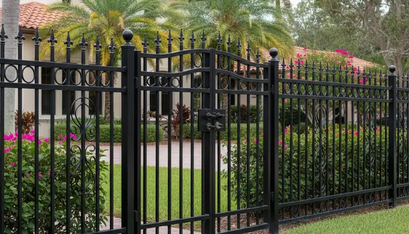 Black ornamental metal fence installation by Chop Chop Landscaping in Boca Raton, FL