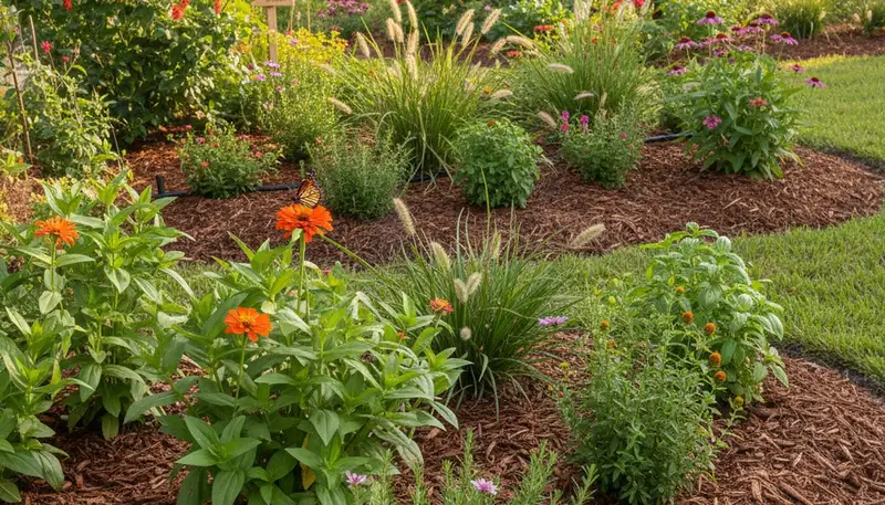 Organic landscape beds with natural mulch and lush plants in Boca Raton, FL by Chop Chop Landscaping