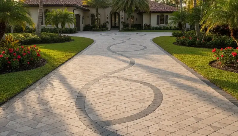 Curved paver driveway design by professional landscapers in Boca Raton, FL showcasing expert craftsmanship