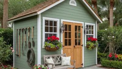 Decorative garden shed with custom landscaping in Boca Raton, FL by Chop Chop Landscaping