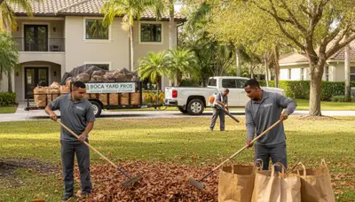 Technicians raking and bagging autumn leaves during yard clean up in Boca Raton, FL