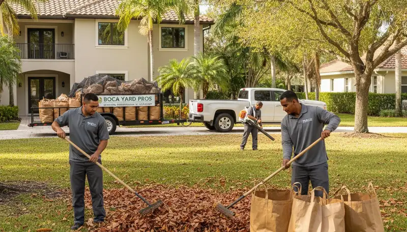 Technicians raking and bagging autumn leaves during yard clean up in Boca Raton, FL