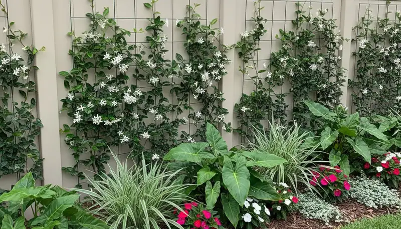 Modern fence with climbing plants and landscape beds in Boca Raton, FL by Chop Chop Landscaping