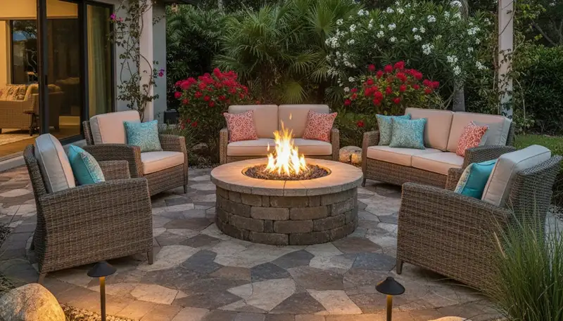 Fire pit patio with seating, paver design, and landscape lighting by Boca Raton, FL landscaping pros