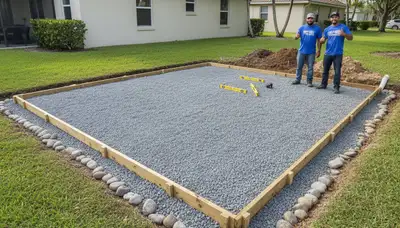 Professional shed base preparation with gravel foundation in Boca Raton FL by Chop Chop Landscaping