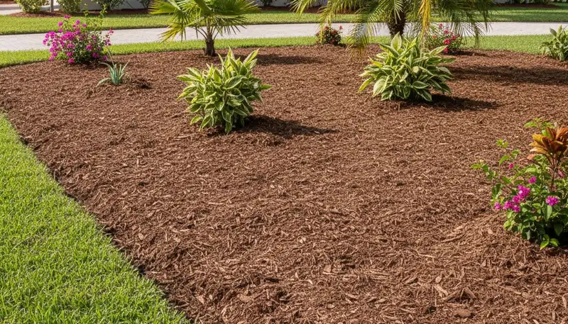 Freshly spread mulch beds with clean edges by Chop Chop Landscaping in Boca Raton, FL