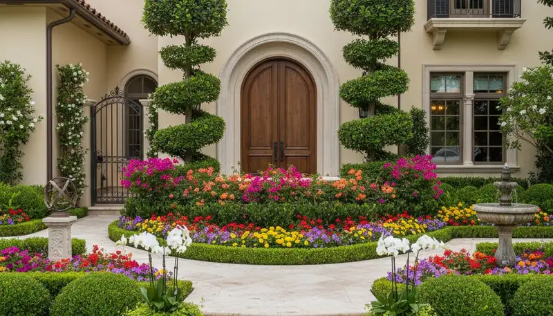 Tropical front yard landscaping with colorful blooms and shaped shrubs in Boca Raton, FL