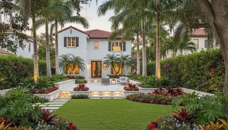 Full residential landscape transformation with tropical plants and hardscaping in Boca Raton, FL