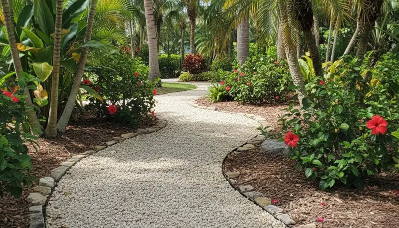 Pea gravel garden pathway installation in Boca Raton, FL by professional landscaping experts