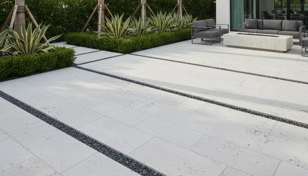 Modern large format stone paver patio installation by Chop Chop Landscaping in Boca Raton, FL