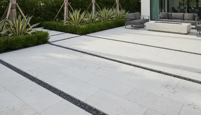 Modern large format stone paver patio installation by Chop Chop Landscaping in Boca Raton, FL