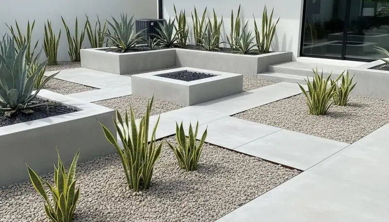 Modern pea gravel landscape with clean lines and geometric plants in Boca Raton, FL yard design