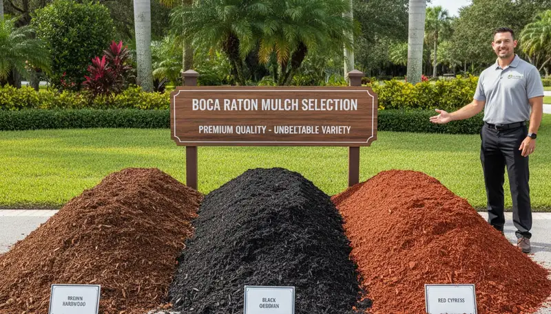Brown, black, and red mulch color options for Boca Raton, FL landscaping by Chop Chop Landscaping