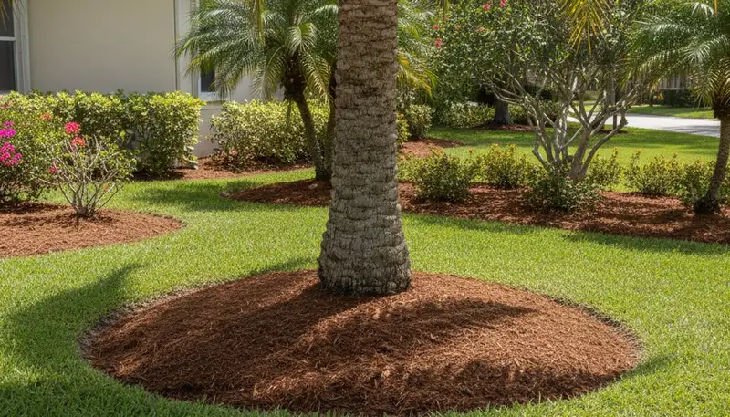Professional circular mulch ring installation around tree base in Boca Raton, FL landscaping project