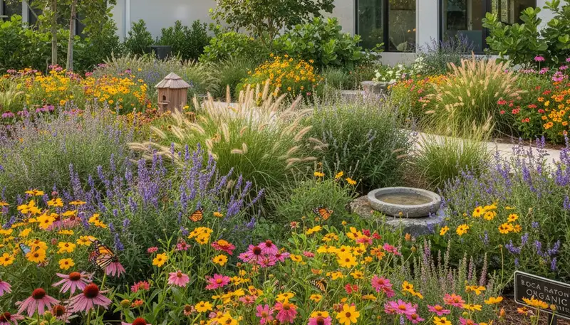 Native pollinator garden with bee-friendly plants by organic landscapers in Boca Raton, FL