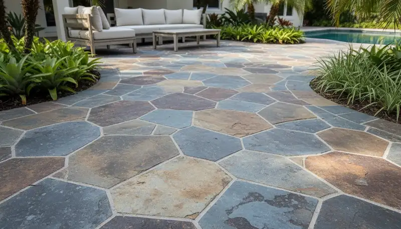 Flagstone patio with natural slate pavers by landscaping experts in Boca Raton, FL