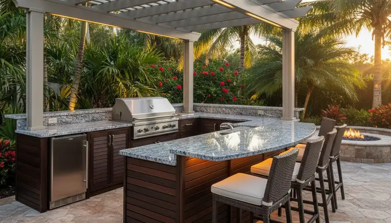Luxury outdoor kitchen with pergola, granite bar, and lighting by Boca Raton FL landscaping experts