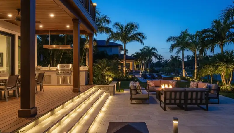 Professional landscape lighting illuminating patio and deck in Boca Raton FL evening outdoor space