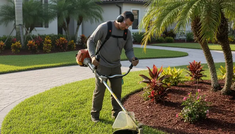 Technician edging lawn borders with string trimmer in Boca Raton FL for crisp, professional landscaping finish