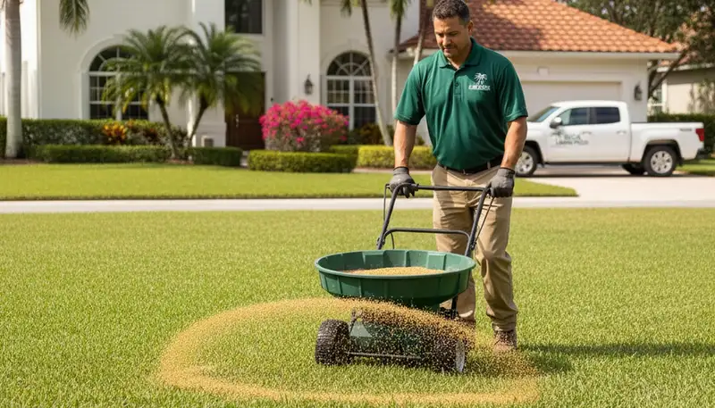 Lawn care technician applying fertilizer with spreader on residential lawn in Boca Raton, FL