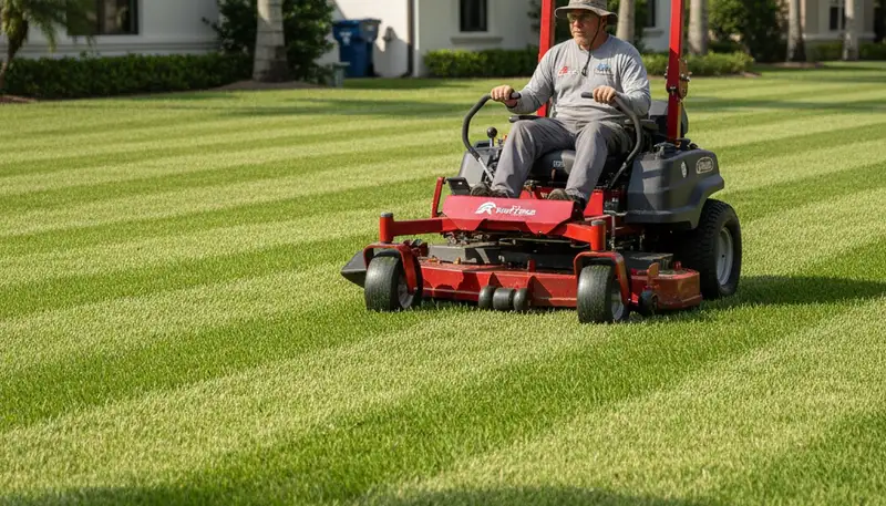 Professional landscaper mowing striped lawn with commercial mower in Boca Raton, FL