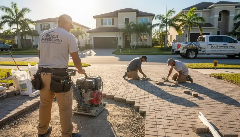Professional crew installing driveway pavers with precision in Boca Raton, FL landscaping project