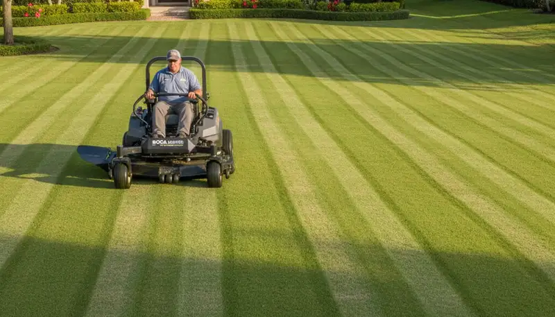 Professional lawn striping and edging in Boca Raton, FL showcasing precise mowing and clean borders