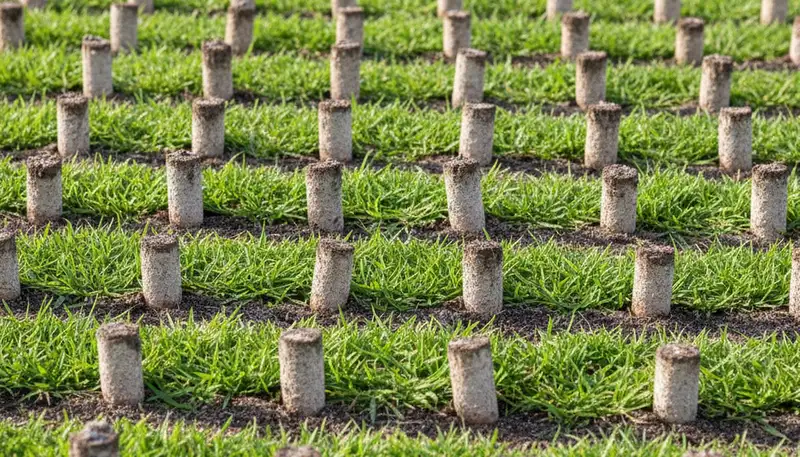 Close-up of soil core plugs from lawn aeration showing treatment depth by Chop Chop Landscaping Boca Raton FL