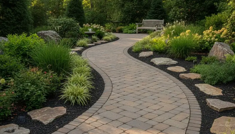 Curved stone paver pathway in Boca Raton FL residential landscape by Chop Chop Landscaping
