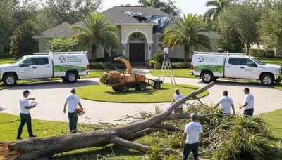 Storm debris cleanup crew restoring residential yard in Boca Raton FL after storm damage