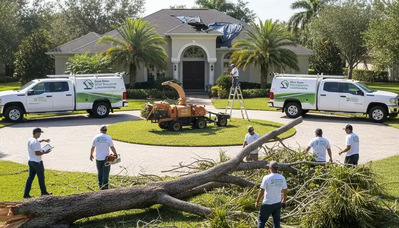 Storm debris cleanup crew restoring residential yard in Boca Raton FL after storm damage