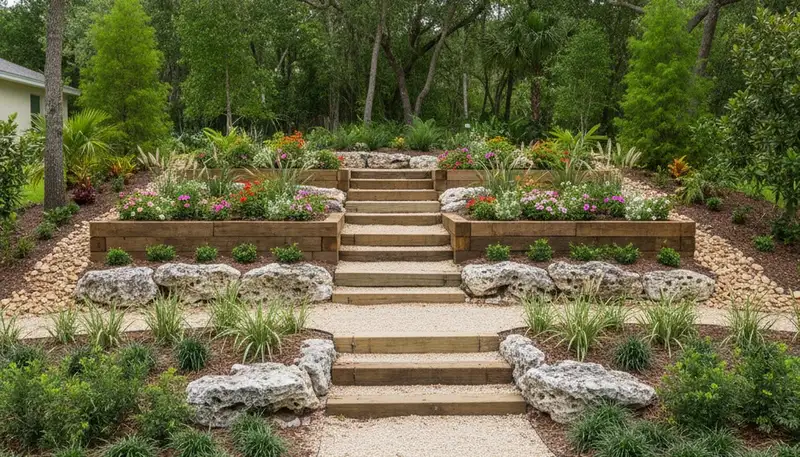 Terraced garden with timber steps and native plants by landscaping experts in Dania, FL