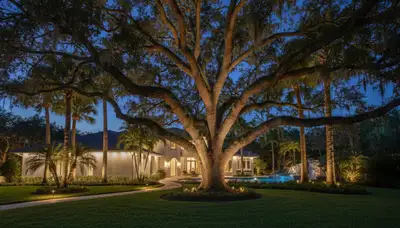Uplit trees with dramatic night lighting by professional landscapers in Boca Raton, FL