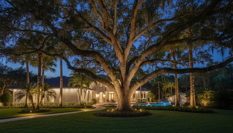 Uplit trees with dramatic night lighting by professional landscapers in Boca Raton, FL
