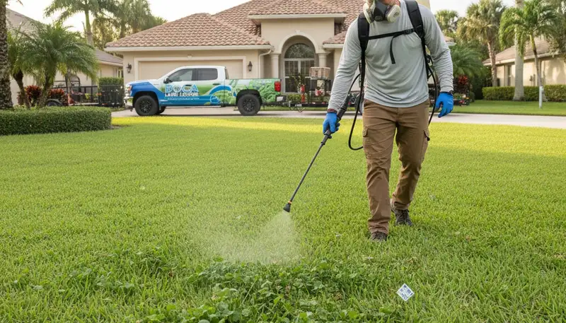 Lawn care professional applying weed control treatment in Boca Raton, FL with safe spraying equipment