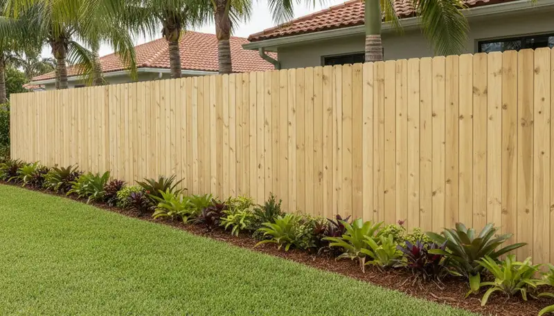 White privacy fence installation with landscaping in Boca Raton, FL by Chop Chop Landscaping